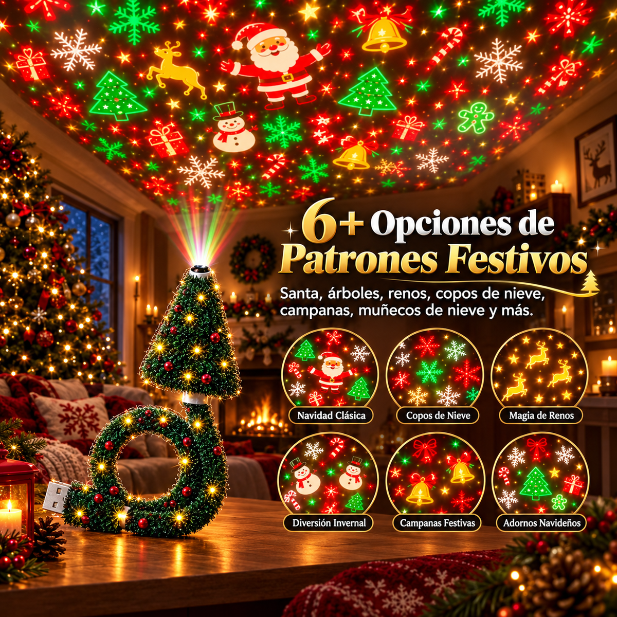 Árbol LED que proyecta Navidad en tu techo